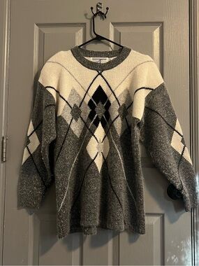 Accordeon Classic Gray White Argyle Crewneck Sweater Vintage 90s Silk Angora